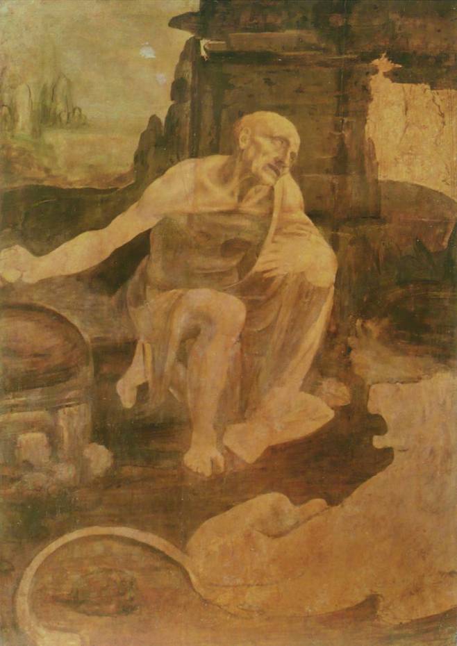 출처: Leonardo da Vinci. St. Jerome in the Wilderness (circa 1480). 미완성 작품으로, 노인과 사자가 대화를 하는 듯한 장면을 묘사한 것으로 보인다. '의사소통이 가능한' 것처럼 묘사된 사자의 모습은 다빈치가 동물을 바라보는 시선을 느끼게 한다. | 사진출처 위키미디어커먼스