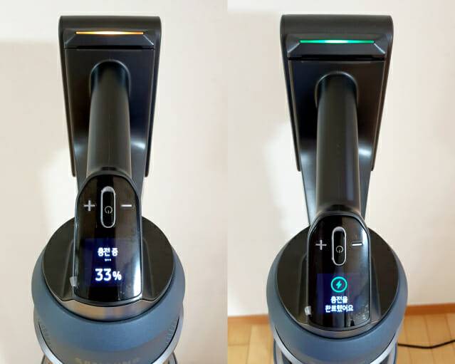 삼성 비스포크 제트는 LCD창에 배터리 충전 상태가 나타난다. (사진=지디넷코리아)