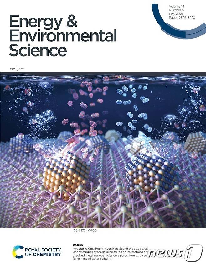 Energy & Environmental Science 2021년 5월 표지. 하나의 모체 금속산화물에서 양이온 환원 온도 정밀제어를 통해 서로 다른 조성을 갖는 산소 발생 촉매와 수소 발생 촉매를 동시에 생산할 수 있음을 표현(사진제공:에너지연)© 뉴스1