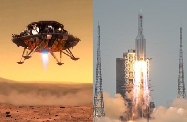 지난해 7월 23일 하이난 원창 우주발사장에서 창정-1에 실려 발사되는 톈원 1호(사진 오른쪽)와 화성에 착륙하는 모습(가상 이미지)