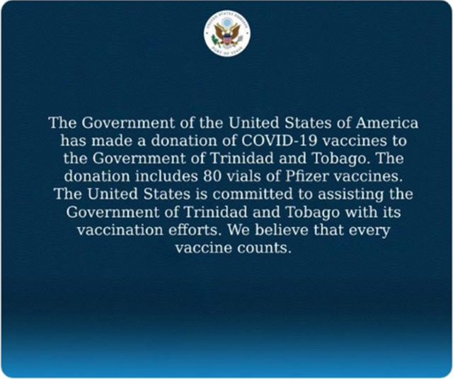 트리니다드토바고 주재 미국 대사관이 14일 트위터에 올린 글. 화이자 백신 80병을 지원하면서 "미국은 토바고 정부의 백신 접종을 돕는 데 전념하고 있다. 우리는 모든 백신이 중요하다고 믿는다"고 적었다. 트위터캡처