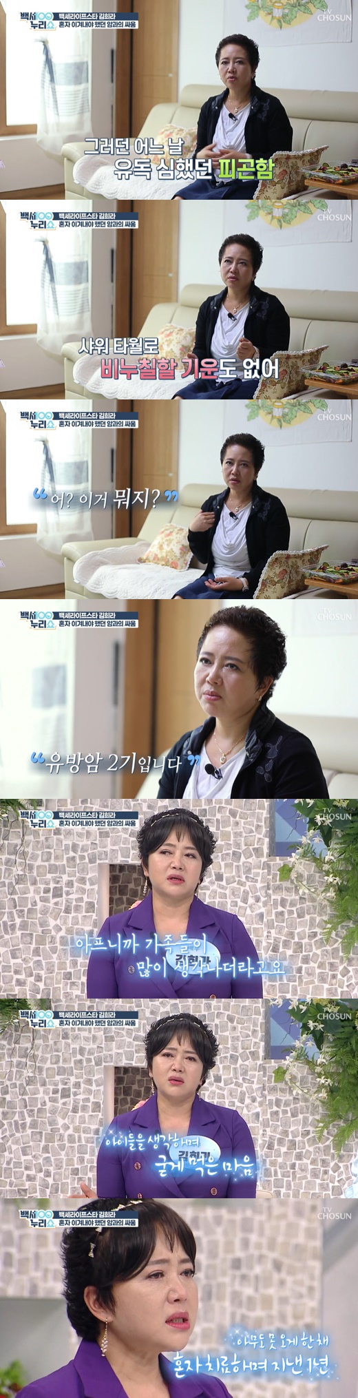 Actor Kim Hee-ra has Confessions about fighting cancer with Divorce.Kim Hee-ra appeared as a guest on the comprehensive channel TV drama Baekse Nuri Show broadcast on the last 7 days.Kim Hee-ras house, which was unveiled on the day, attracted attention because of the wig. Kim Hee-ra said, When I was sick, it was a hairy hair.I was surprised to hear that the question When is it? I was surprised by the cast members by saying It was a year ago.Kim Hee-ra said, I was very depressed after my hair was gone, and I thought I was not me, so I bought a wig to comfort me.In addition, Kim Hee-ra said, I think Im talking about it for the first time on the air, I split up with my baby dad around 2008.Now I say Dolsing and Divorce, and then I swear to all the people who have been divorced.I did not have to say it, so I was not talking. Kim Hee-ra said: Agnaldo Timóteo was very tired: if he had showered with a shower towel, he would have found it later.I had no energy to shower with Agnaldo Timóteo shower towels, so I was soaping with my bare hands and I touched it in my hand. I went to obstetrics and gynecology the next day and said I had a bad prognosis.He diagnosed it as a second stage of breast cancer, he said. (I dont have a family) was very difficult, because people were sick, so I thought of my family.Others are stupid when husbands and family come, but its very hard to overcome Alone. My son came to see me a lot and overlapped with Corona.I saw that my child was next to me because I was sick, so I could not see the hardship of being a mother. I have been here for a year and have been treated for Alone for no one else in the room again, he said. I think I have been treated well.