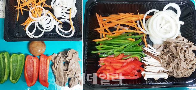 각종 채소들과 콩단백 슬라이스 내용물을 세척해준 뒤(왼쪽) 재료들을 마저 채 썰어 준비해준다.(사진=김범준 기자)