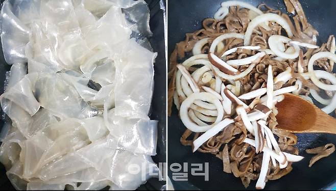 양장피 당면은 끓는 물에 삶아 찬물에 헹군 뒤 동봉된 참기름을 잘 버무려 주고(왼쪽) 채 썰은 콩단백 슬라이스와 표고버섯은 양파와 볶음 소스와 함께 잘 볶아준다.(사진=김범준 기자)
