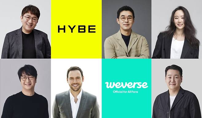 (From top left, clockwise) Hybe Chairman and Founder Bang Si-hyuk, Hybe CEO Park Ji-won, Hybe CBO Min Hee-jin, Hybe Japan CEO Han Hyun-rock, Hybe America co-CEO and Chairman of Ithaca Holdings Scooter Braun and Hybe America co-CEO Lenzo Yoon (Hybe)