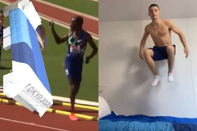 골판지 침대를 비꼬는 듯한 사진을 게시한 미국 육상 대표 폴 체리모(왼쪽)와 침대 위에서 직접 내구성을 실험해보는 아일랜드 체조 선수 리스 매클레너건. 폴 체리모·리스 매클레너건 트위터 캡처