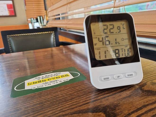 20일 서울 광진구 건대입구역 인근 프랜차이즈 카페의 실내 온도가 22.9도를 가리키고 있다.   장한서 기자