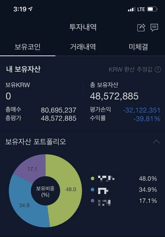 회사원 이모씨의 암호화폐 투자 내역. 8000만원을 투자해 -40% 수익을 기록했다. 독자 제공