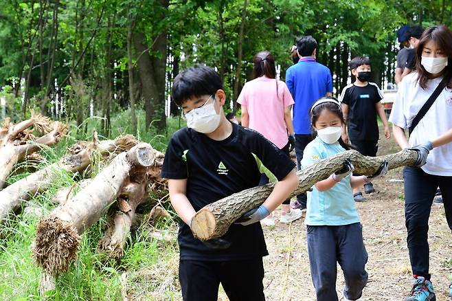 곡성 오산초등학교 곽찬훈군이 지난 6월 섬진강 제월섬에서 진행된 트리하우스 만들기 프로그램에 참여해 통나무를 함께 옮기고 있다. 곡성교육지원청 제공