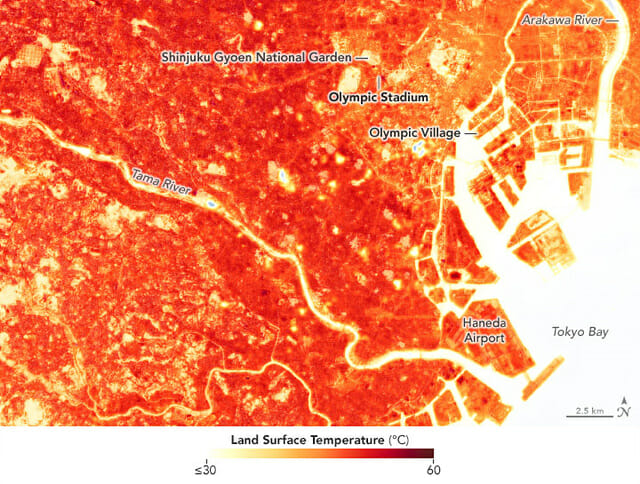 도쿄의 지표면 온도를 보여주는 사진. NASA