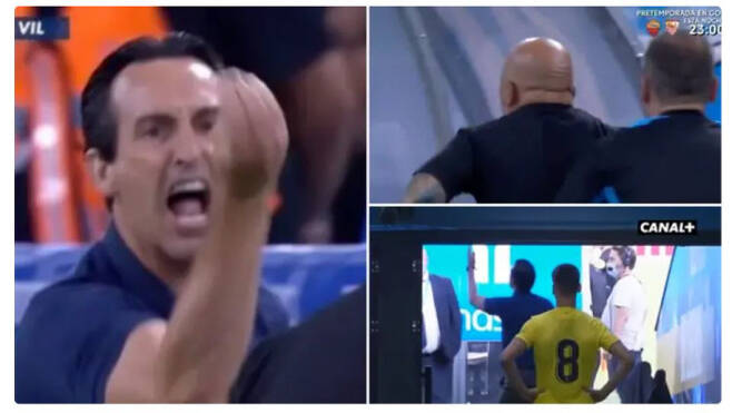 우나이 에메리 비야레알 감독이 1일 마르세유와 친선전에서 주심과 상대 감독에게 주먹감자를 날리며 항의하고 있다. 영상캡처