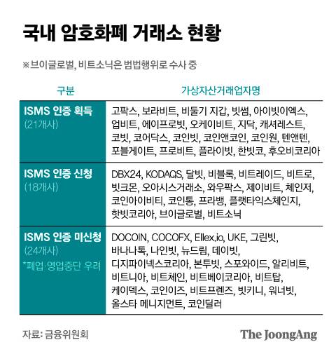 국내 암호화폐 거래소 현황. 그래픽=김은교 kim.eungyo@joongang.co.kr