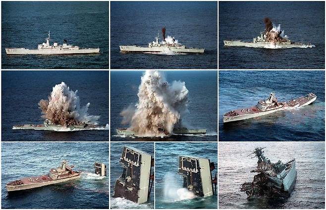 호주 해군 퇴역 구축함인 토렌스함이 MK48 어뢰 1발 공격으로 선체가 두동강 나며 침몰하고 있다.  호주 해군이 어뢰 버블제트의 위력을 확인하기 위해 실시한 이 실험에서 침몰한 토렌스함은 만재배수량 2700톤급으로 천안함 만재배수량의  2배 규모다. /유용원의 군사세계