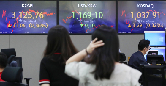 A dealing room at Hana Bank in Seoul on Friday shows the Kospi closing the week 11.06 points or 0.36 percent higher at 3,125.76. The FSC said to encourage more people to participate in the stock market, it is changing the regulation to allow investors to purchase local stocks in fractions. [YONHAP]