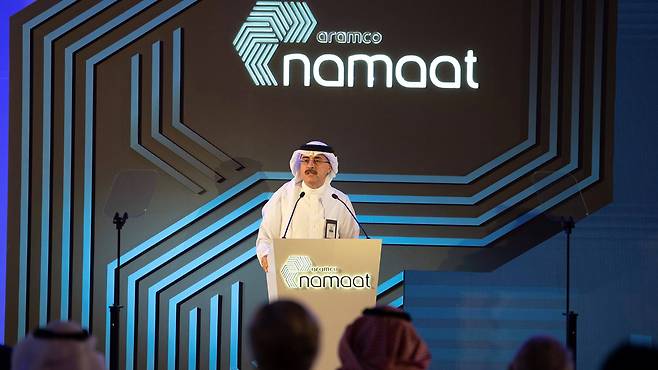 아민 알 나세르 아람코 최고경영자(CEO)가 지난 7일 중장기 성장 프로젝트 ‘나맷(Namaat)’을 발표하고 있다. /아람코 홈페이지