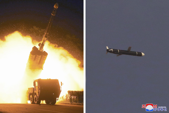 Photos released on Monday by the North's Korean Central News Agency (KCNA) show new cruise missiles being fired from a transporter erector launcher, left, and in flight during weekend tests. [KCNA]
