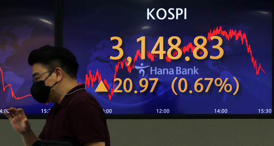 A screen in Hana Bank's trading room in central Seoul shows the Kospi closing at 3,148.83 points on Tuesday, up 20.97 points, or 0.67 percent, from the previous trading day. [NEWS1]