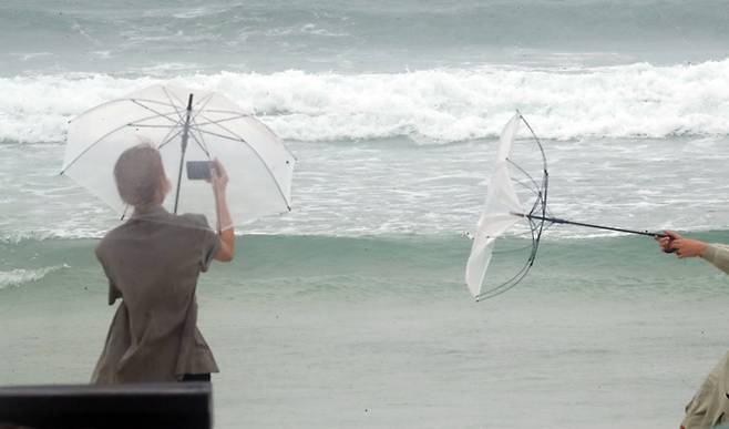 14일은 제주도와 남부지방에 비가 내린다. 사진은 지난 13일 제주시 월정해수욕장에서 관광객이 든 우산이 강풍에 뒤집히는 모습. /사진=뉴스1