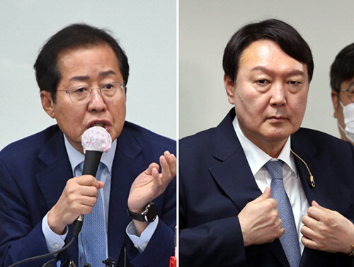 국민의힘 대선 예비후보인 홍준표(왼쪽) 의원과 윤석열 전 검찰총장.연합뉴스 사진 갈무리