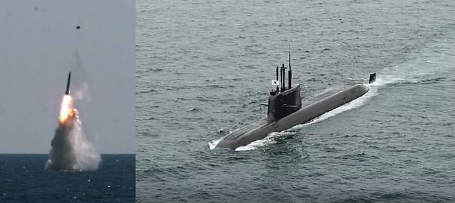 도산안창호함서 발사되는 순간 한국이 독자 개발한 잠수함발사탄도미사일(SLMB)이 15일 수중에서 발사되고 있다(왼쪽 사진). 시험발사를 위해 SLMB를 탑재한 도산안창호함(3000t급)이 이동하고 있다. 국방부 제공