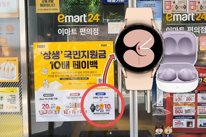 서울 시내 한 편의점에 ‘갤럭시워치4’와 ‘갤럭시버즈2’가 재난지원금으로 구매 가능한 물품이라는 홍보포스터가 붙어 있다. 박지영 기자