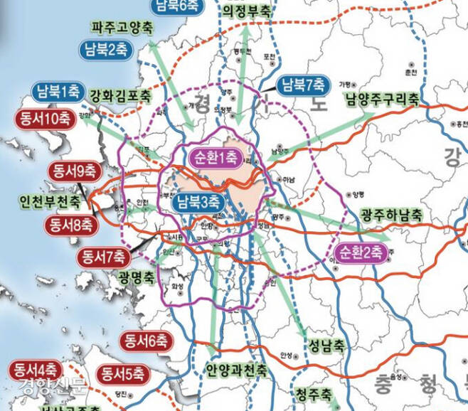 국토부가 확정한 ‘제2차 국가도로망종합계획’ 중 수도권 순환망 방사축(녹색 표시) 건설 계획안.국토부 제공