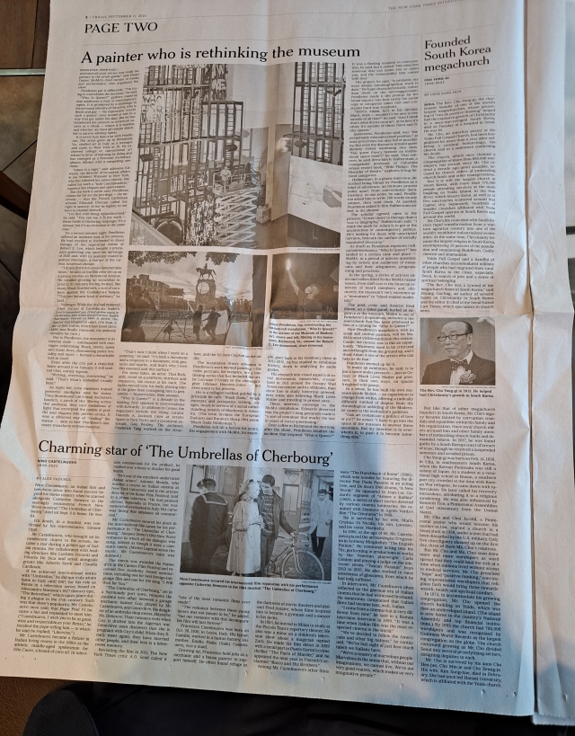 뉴욕타임즈는  17일(현지시간)자 2면에 조용기 목사의 별세 소식을 보도했다.