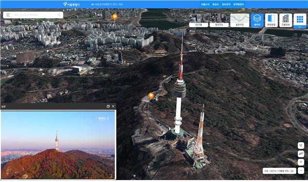 ‘디지털 트윈 서울 S맵(S-Map)’에 구현된 남산서울타워 인근. 서울시 제공