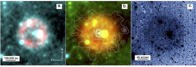 과학자들이 1181년에 발견한 초신성의 실체라고 믿고 있는 파커 별과 성운 Pa30의 적외선 이미지