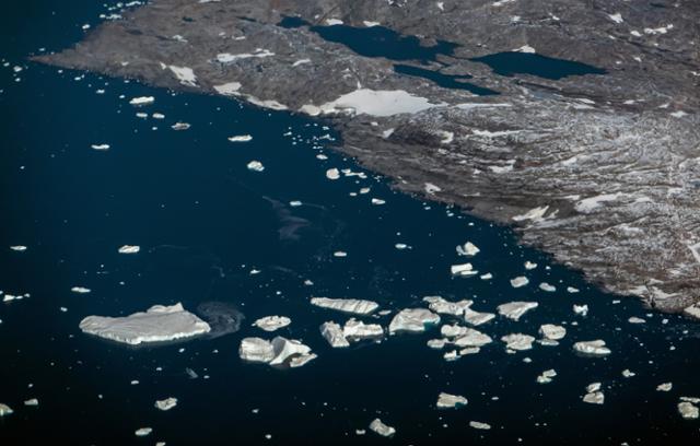 빙하에서 떨어져 나온 빙산 조각들이 17일 그린란드 타실라크 앞바다를 떠나니고 있다. 타실라크=로이터 연합뉴스