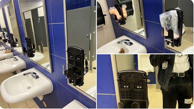 손세척제 분사기가 모두 없어진 미국의 한 학교 화장실 (사진=트위터 게시물 캡처, 연합뉴스)