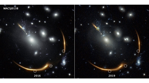 2016년에 관측된 세 개의 초신성(작은 원 안)과 2019년 사라진 초신성. 네 번째 초신성 이미지는 왼쪽 위에 있는 작은 원 안에 보일 것으로 예측./Credit: IMAGE PROCESSING: Joseph DePasquale (STScI))