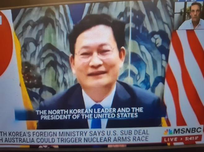 미 MSNBC방송 인터뷰 중인 송영길 민주당 대표 (워싱턴=연합뉴스) 류지복 특파원