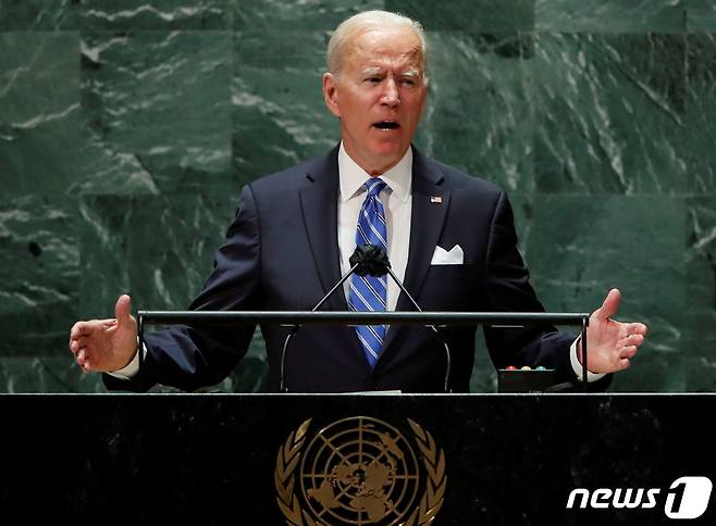 조 바이든 미국 대통령이 21일 유엔 총회에서 연설하고 있다. © 로이터=뉴스1