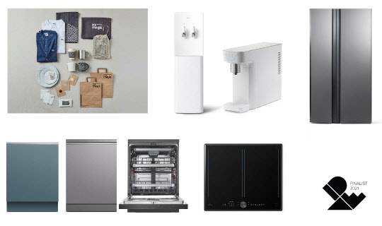 (왼쪽 상단부터)IDEA 2021 수상작으로 선정된 SK매직의 잇츠매직 디자인 패키지, 그랜드 정수기, 스스로 직수 정수기, 의류관리기, 트리플케어 식기세척기 와이드, 보더리스 인덕션 제품. <SK매직 제공>
