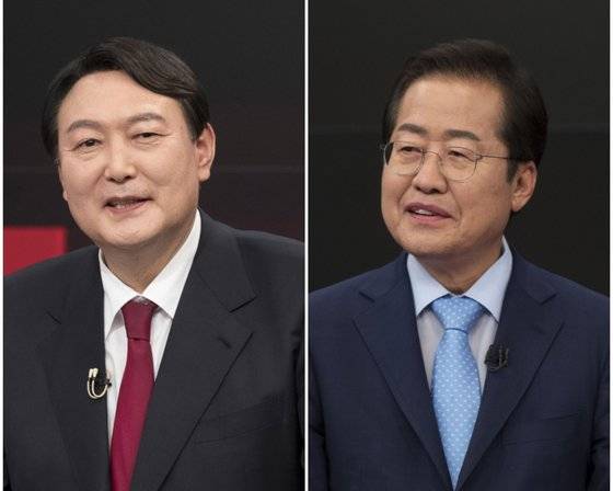 국민의힘 대선 경선 후보인 윤석열(왼쪽) 전 검찰총장과 홍준표 의원. 국회사진기자단