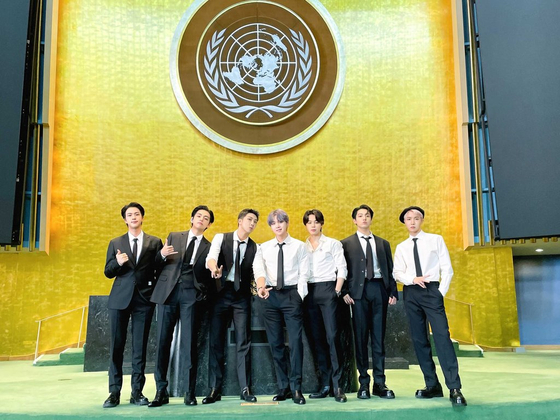 BTS poses for a photo at the U.N. General Assembly Hall in New York on Monday as special presidential envoys for future generations and culture. [BTS TWITTER]