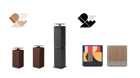 IDEA 2021에서 각각 동상과 본상을 수상한 코웨이 노블 공기청정기(왼쪽)과 인테리어 공기청정기(오른쪽) 제품. <코웨이 제공>