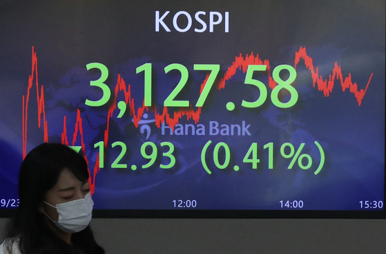 A screen in the Hana Bank's trading room in central Seoul shows the Kospi closing at 3,127.58 points on Thursday, down 12,93 points, or 0.41 percent, from the previous trading day. [NEWS1]