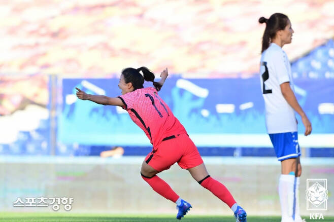 한국 여자축구대표팀의 최유리가 23일 우즈베키스탄 타슈켄트의 파흐타코르 경기장에서 열린 우즈베키스탄과의 2022 여자 아시안컵 예선 E조 2차전에서 골을 넣은 뒤 환호하고 있다.  대한축구협회 제공
