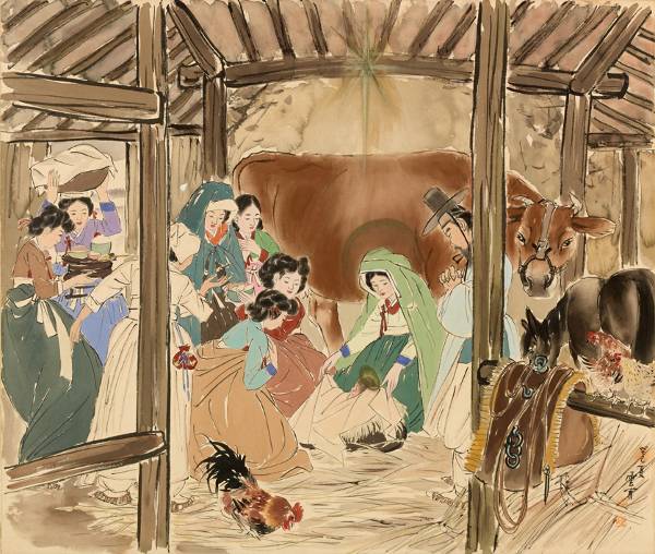 김기창이 예수의 일대기를 조선 시대 풍속화처럼 그린 ‘예수의 생애’ 연작 가운데 ‘아기 예수의 탄생’. 서울미술관 제공