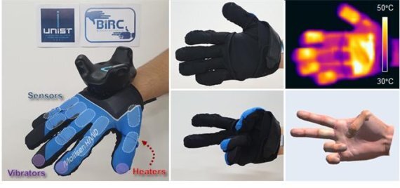 연구그림2. 개발한 장갑으로 열과 움직임을 구현함. 장갑 위의 10개의 센서, 손가락 끝의 3개의 진동자, 손바닥의 8개의 히터가 표시되어 있음(좌단). 손바닥 부분의 히터에 열을 가했을 때의 온도를 열감지 카메라를 이용하여 촬영한 모습과(우상단), 장갑을 이용하여 측정된 손가락 움직임을 가상의 손으로 구현한 모습(우하단). /사진=UNIST 제공