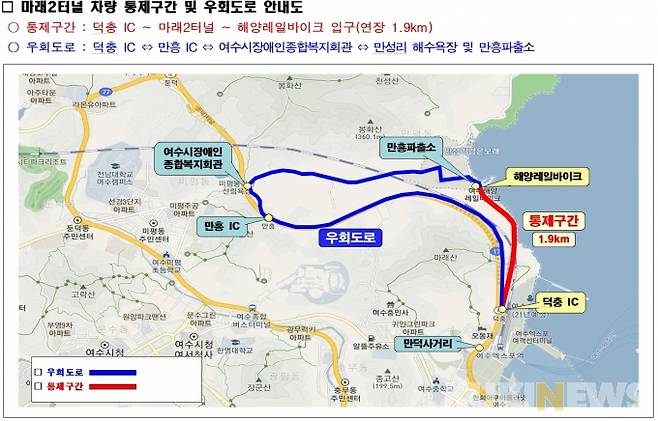 여수 마래2터널 일시 통제에 따른 우회도로 안내도 (여수시 제공)