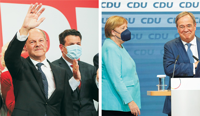 獨총선…누가 승리할까 : 독일 연방하원 총선거가 열린 26일 베를린에서 선거 승리가 예상되는 사회민주당의 올라프 숄츠(왼쪽) 총리 후보가 손을 들어 유권자들에게 인사하고 있다. 오른쪽 사진은 같은 날 아르민 라셰트(오른쪽) 기독민주당·기독사회당 연합 후보가 연설하는 모습. 같은 당 소속인 앙겔라 메르켈(왼쪽) 독일 총리가 함께 무대에 올라 지지를 표하고 있다.  EPA AP 연합뉴스
