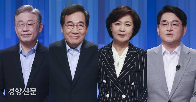 더불어민주당 대선 경선 후보들이 28일 밤 서울 양천구 목동 SBS에서 TV 토론을 하고 있다. /국회사진기자단