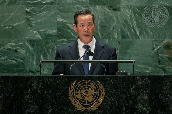 Kim Song, North Korea's ambassador to the United Nations, speaks during the 76th session of the UN General Assembly in New York Monday. [UNITED NATIONS]