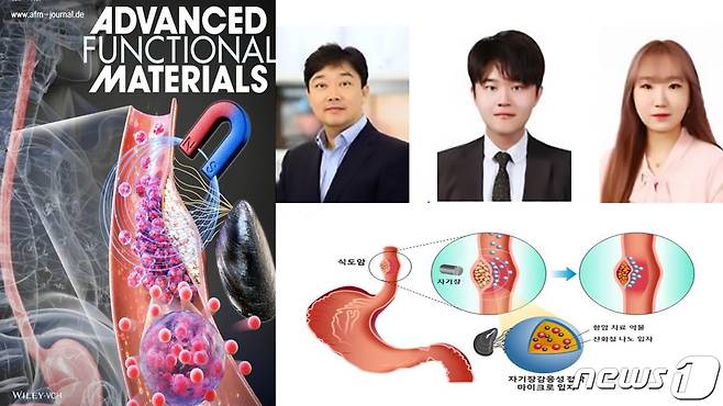(포항=뉴스1) 최창호 기자 = 포항공대 차형준 교수와 최현석(석박사통합과정)팀이 경북대학교 의생명융합공학과 조윤기 교수와 공동연구로 홍합 접착단백질에 자기장 감응성을 부여해 접착성 마이크로 입자를 개발하는데 성공했다고 밝혔다. 사진은 세계적인 학술지인 어드밴스드 펑셔널 머티리얼즈의 앞표지에 실린 연구성과, 왼쪽부터 차형준, 조윤기, 최현석씨.(포항공대제공)2021.9.29/ © 뉴스1