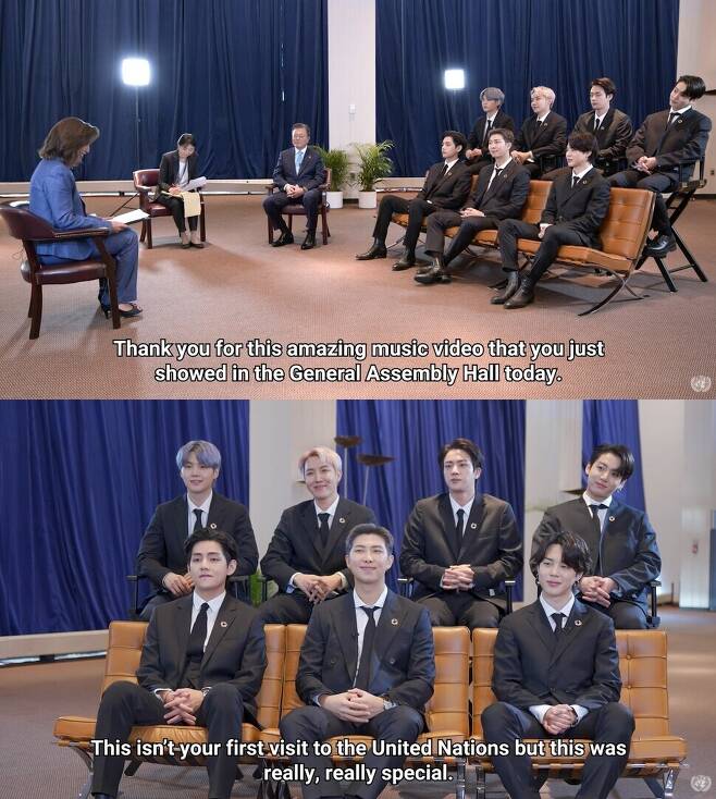 Still from an interview BTS took part in with President Moon Jae-in following their presentation at the UN SDG Moment event on Sept. 20. (provided by BigHit Music)