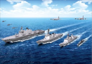 해군의 각 급 함정과 항공기들로 구성된 항진도. 왼쪽부터 해상작전헬기 링스, 대형수송함 독도함, 한국형 구축함 세종대왕함, 문무대왕함, 잠수함 손원일함, 상공에는 해상초계기 P-3CK. /해군 제공