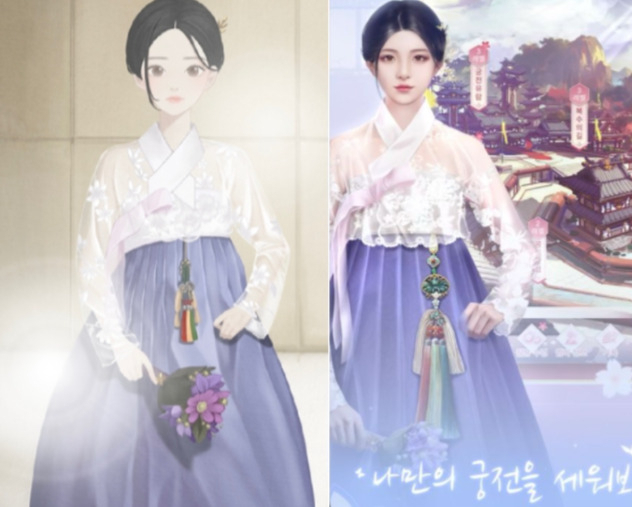국내 게임사 에어캡이 서비스 중인 ‘걸 글로브’(왼쪽)와 중국 게임 ‘꽃피는 달빛’(오른쪽) 한복 이미지. [에어캡 제공]